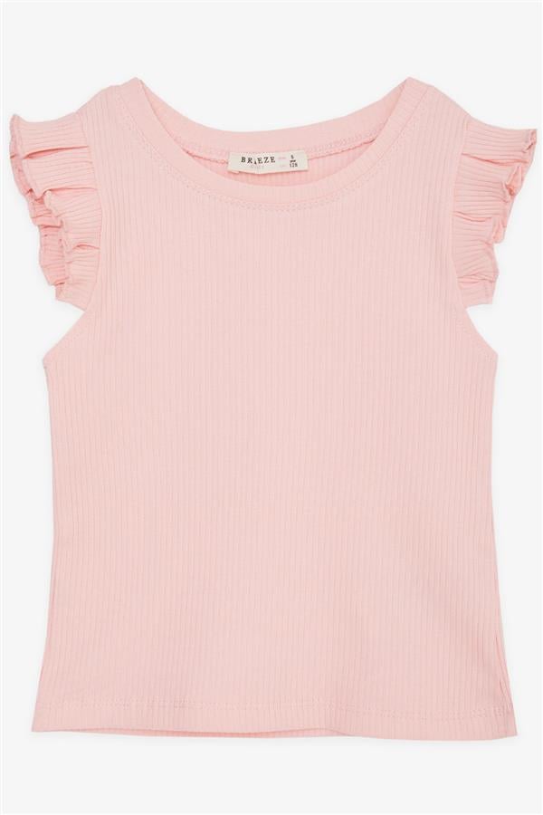Girls' Crop T-Shirt with Ruffled Sleeves, Salmon (Ages 8-14)