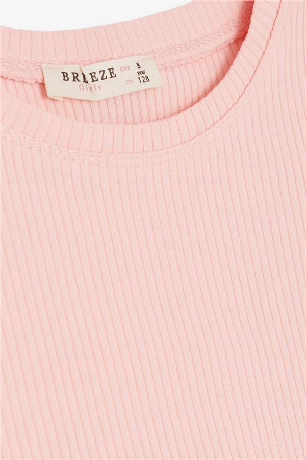 Girls' Crop T-Shirt with Ruffled Sleeves, Salmon (Ages 8-14)