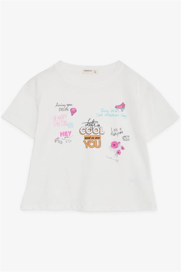 Girls' Crop T-Shirt with Happiness Theme, Off-White (Ages 8-14)