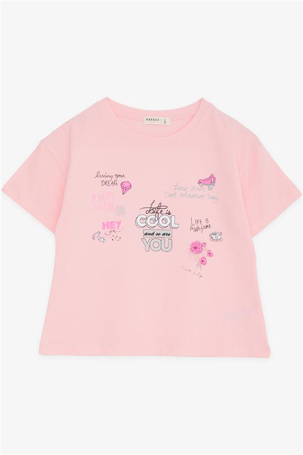 Girls' Crop T-Shirt, Happiness Theme, Powder Pink (Ages 8-14)