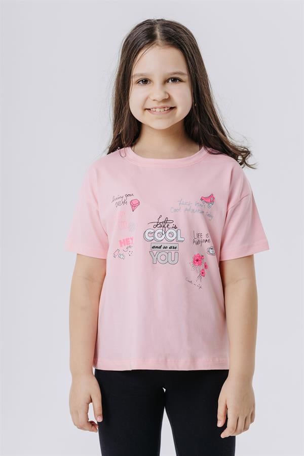 Girls' Crop T-Shirt, Happiness Theme, Powder Pink (Ages 8-14)