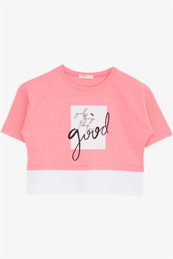 Girls' Crop T-Shirt with Text Print, Side Slits, Neon Pink (Ages 9-14)