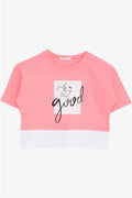 Girls' Crop T-Shirt with Text Print, Side Slits, Neon Pink (Ages 9-14)