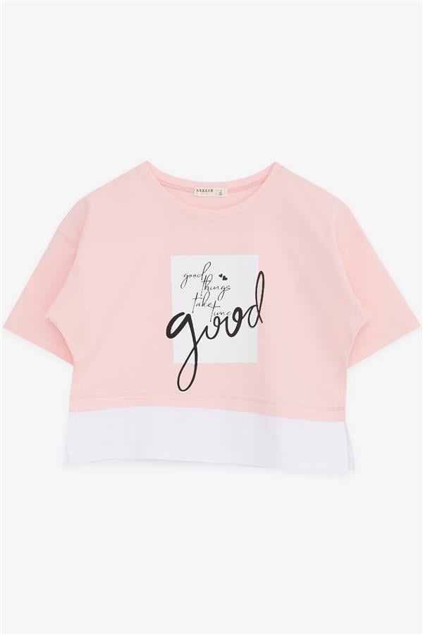 Girls' Crop T-Shirt with Text Print and Side Slits, Pink (Ages 9-14)
