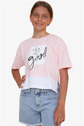 Girls' Crop T-Shirt with Text Print and Side Slits, Pink (Ages 9-14)