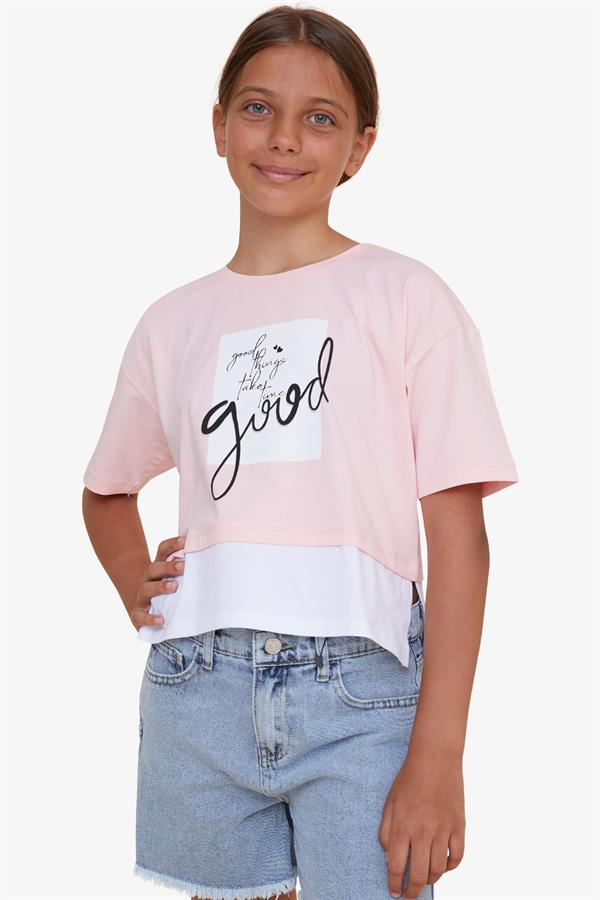 Girls' Crop T-Shirt with Text Print and Side Slits, Pink (Ages 9-14)
