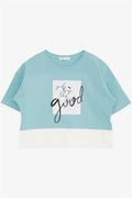 Girls' Crop T-Shirt with Text Print and Side Slits, Mint Green (Ages 9-14)