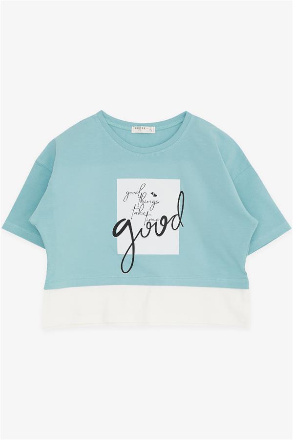 Girls' Crop T-Shirt with Text Print and Side Slits, Mint Green (Ages 9-14)
