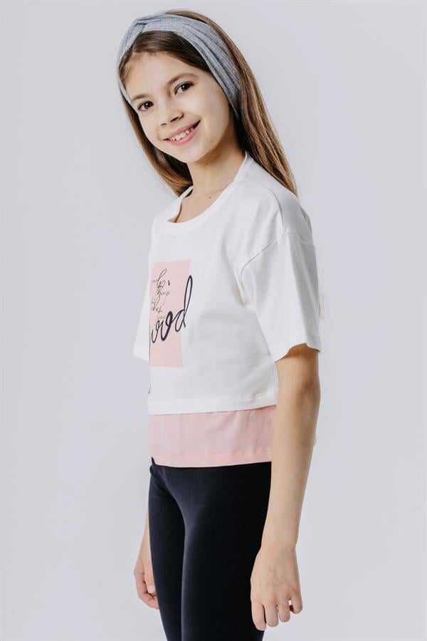 Girls' Crop T-Shirt with Text Print and Side Slits, Off-White (Ages 9-14)