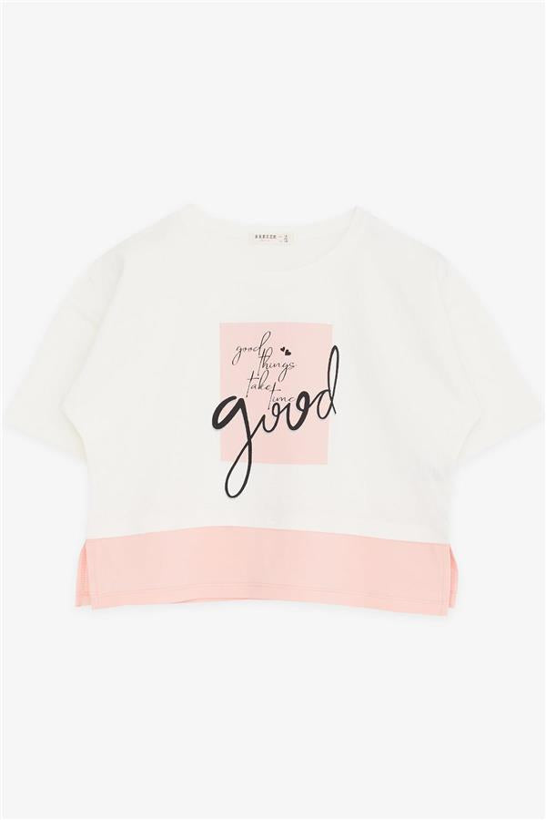 Girls' Crop T-Shirt with Text Print and Side Slits, Off-White (Ages 9-14)