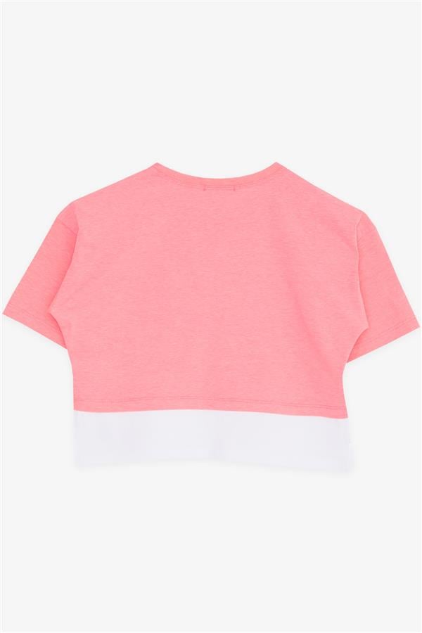 Girls' Crop T-Shirt with Text Print, Side Slits, Neon Pink (Ages 9-14)