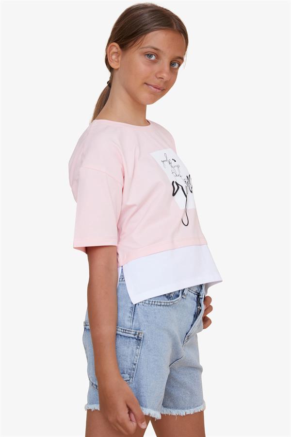 Girls' Crop T-Shirt with Text Print and Side Slits, Pink (Ages 9-14)
