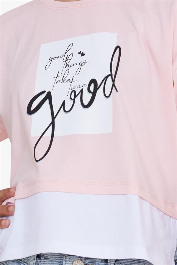 Girls' Crop T-Shirt with Text Print and Side Slits, Pink (Ages 9-14)