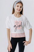 Girls' Crop T-Shirt with Text Print and Side Slits, Off-White (Ages 9-14)