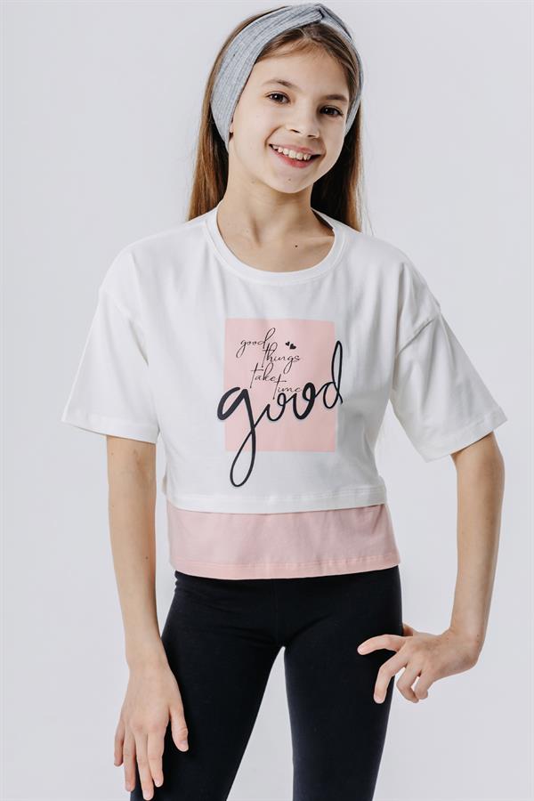 Girls' Crop T-Shirt with Text Print and Side Slits, Off-White (Ages 9-14)