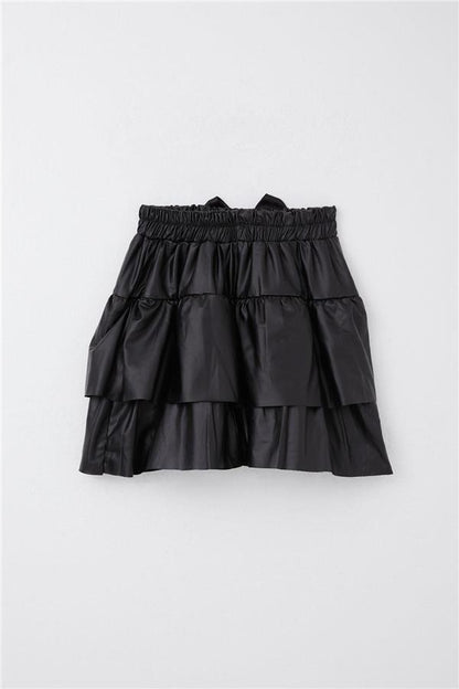 Girls' Layered Leather Skirt with Bow, Black (Ages 5-9)