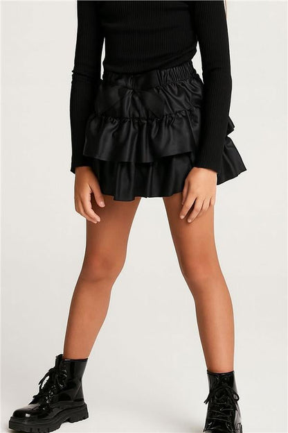 Girls' Layered Leather Skirt with Bow, Black (Ages 5-9)