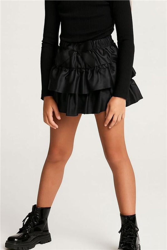 Girls' Layered Leather Skirt with Bow, Black (Ages 5-9)