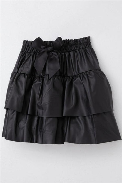 Girls' Layered Leather Skirt with Bow, Black (Ages 5-9)