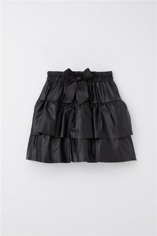Girls' Layered Leather Skirt with Bow, Black (Ages 5-9)