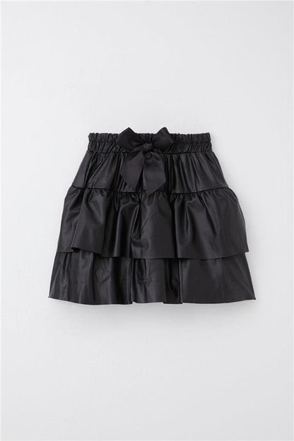 Girls' Layered Leather Skirt with Bow, Black (Ages 5-9)