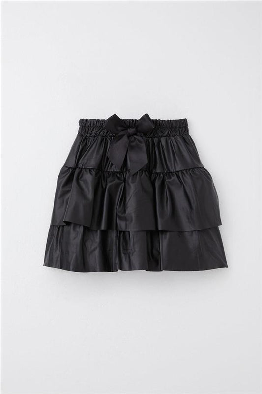 Girls' Layered Leather Skirt with Bow, Black (Ages 5-9)