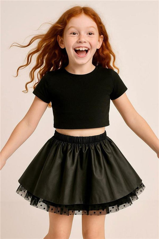 Girls' Leather Skirt with Tulle Trim and Elastic Waist, Black (Ages 8-12)