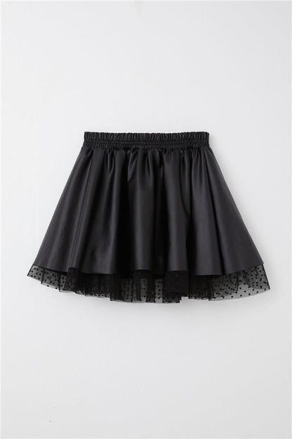 Girls' Leather Skirt with Tulle Trim and Elastic Waist, Black (Ages 8-12)