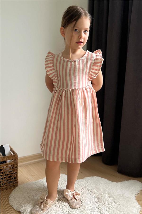 Girl's Dress with Button Detail at Back and Ruffled Sleeves, Ecru (Ages 3-8)