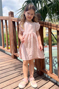 Girl's Dress with Button Detail at Back and Ruffled Sleeves, Ecru (Ages 3-8)