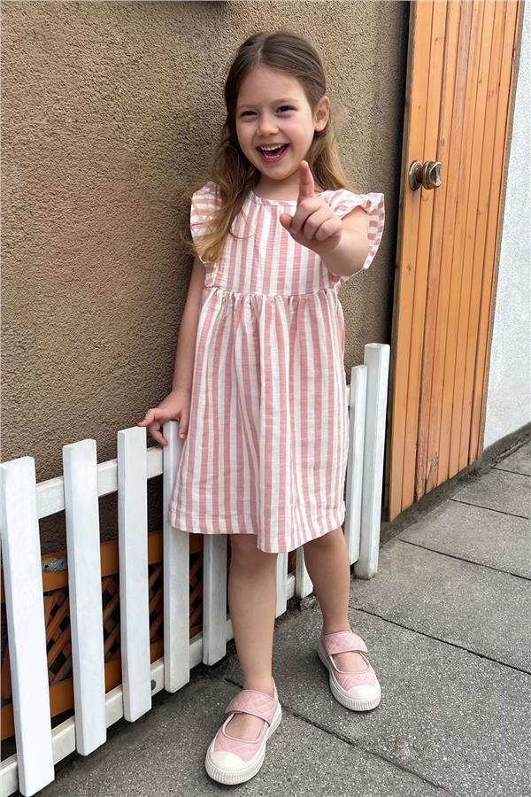 Girl's Dress with Button Detail at Back and Ruffled Sleeves, Ecru (Ages 3-8)