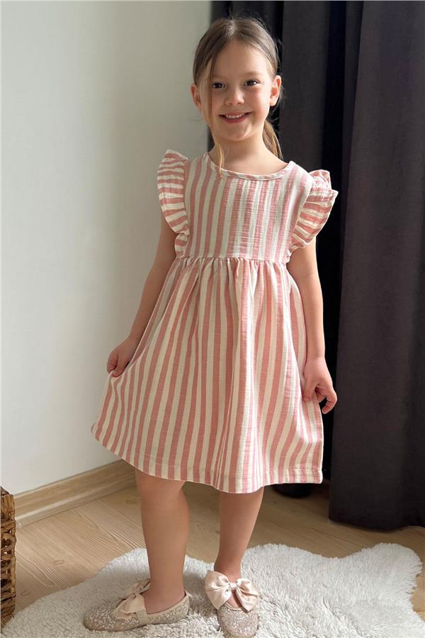 Girl's Dress with Button Detail at Back and Ruffled Sleeves, Ecru (Ages 3-8)