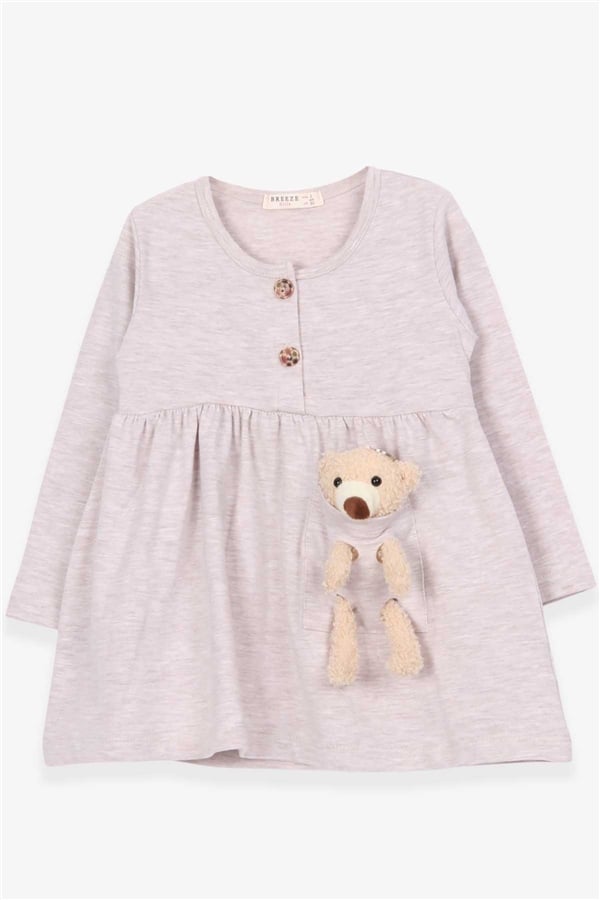 Girl's Dress with Teddy Bear Accessory Detail, Beige Melange (2-3 Years)