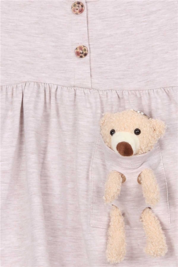 Girl's Dress with Teddy Bear Accessory Detail, Beige Melange (2-3 Years)