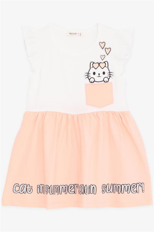 Girls' Dress with Pockets, Glittery Kitten Print, Ecru (1.5-3 Years)