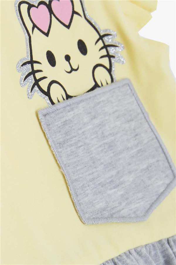 Girls' Dress with Pockets, Glittery Kitten Print, Yellow (1.5-3 Years)