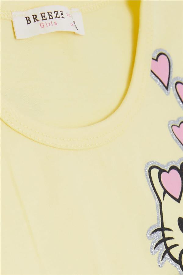 Girls' Dress with Pockets, Glittery Kitten Print, Yellow (1.5-3 Years)