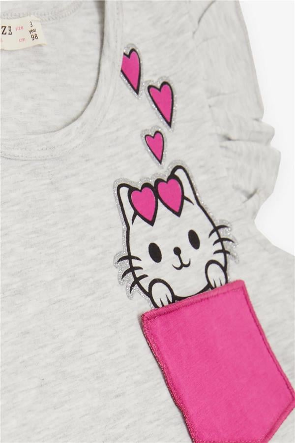 Baby Girl Dress with Pockets, Glittery Kitten Print, Light Grey Melange (1.5-2 Years)