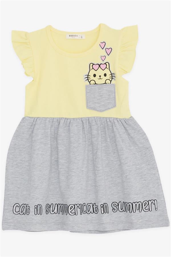 Girls' Dress with Pockets, Glittery Kitten Print, Yellow (1.5-3 Years)