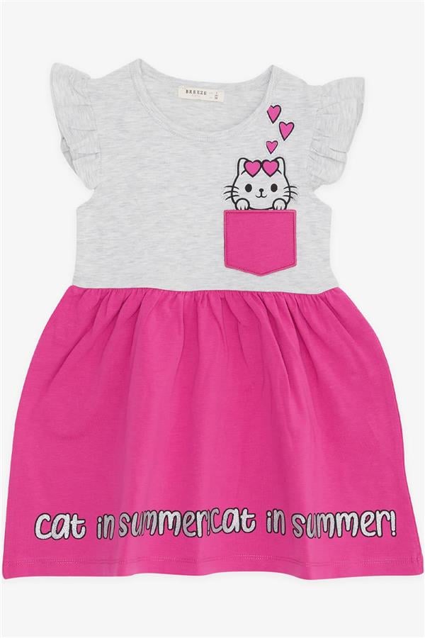 Baby Girl Dress with Pockets, Glittery Kitten Print, Light Grey Melange (1.5-2 Years)