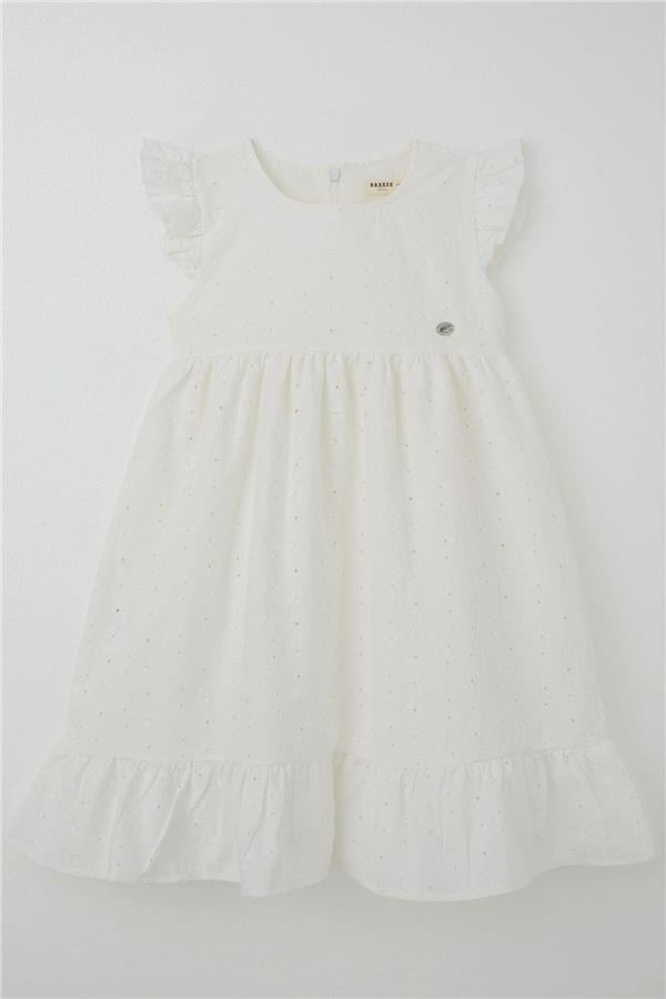Girl's Dress with Flower Embroidery and Patch Detail, Ecru (Ages 4-9)