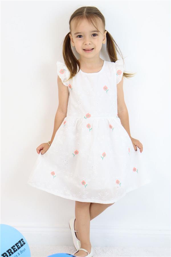 Girl's Dress with Flower Embroidery and Lace Detail, Ecru (Ages 3-7)