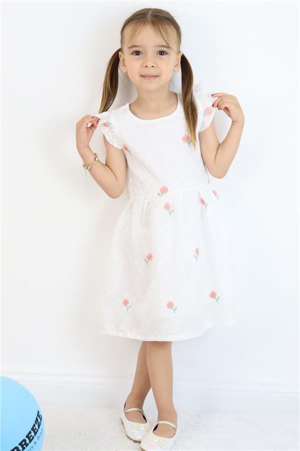 Girl's Dress with Flower Embroidery and Lace Detail, Ecru (Ages 3-7)
