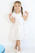 Girl's Dress with Flower Embroidery and Lace Detail, Ecru (Ages 3-7)