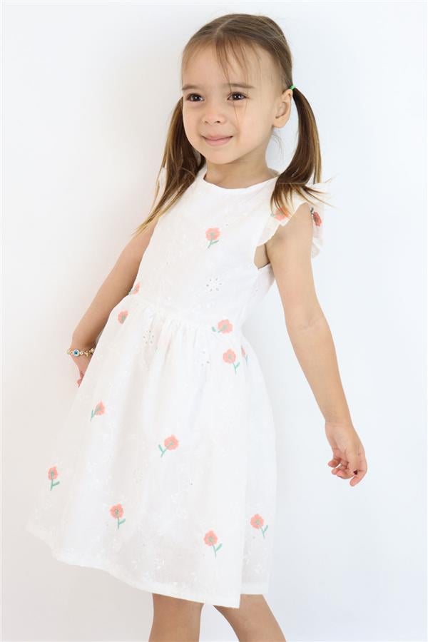 Girl's Dress with Flower Embroidery and Lace Detail, Ecru (Ages 3-7)