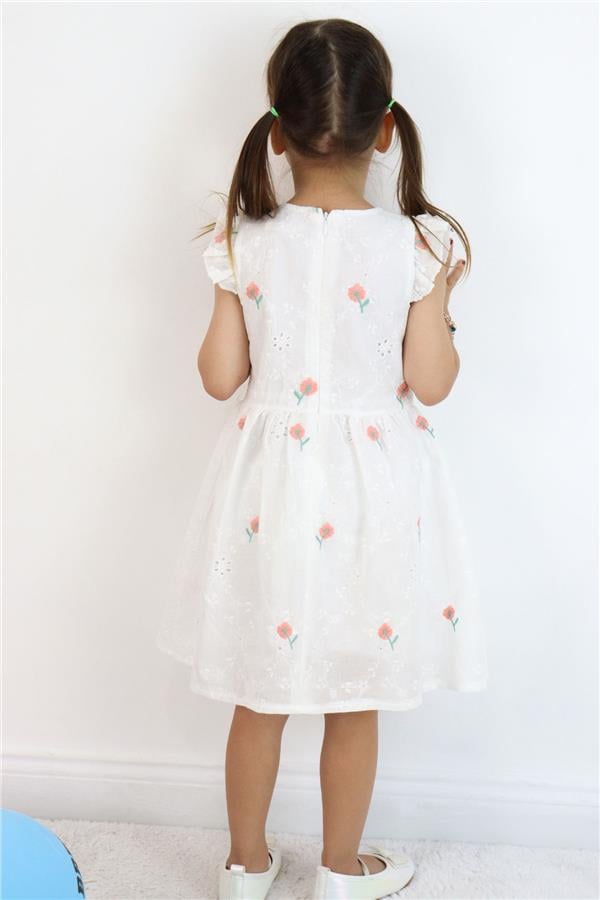 Girl's Dress with Flower Embroidery and Lace Detail, Ecru (Ages 3-7)