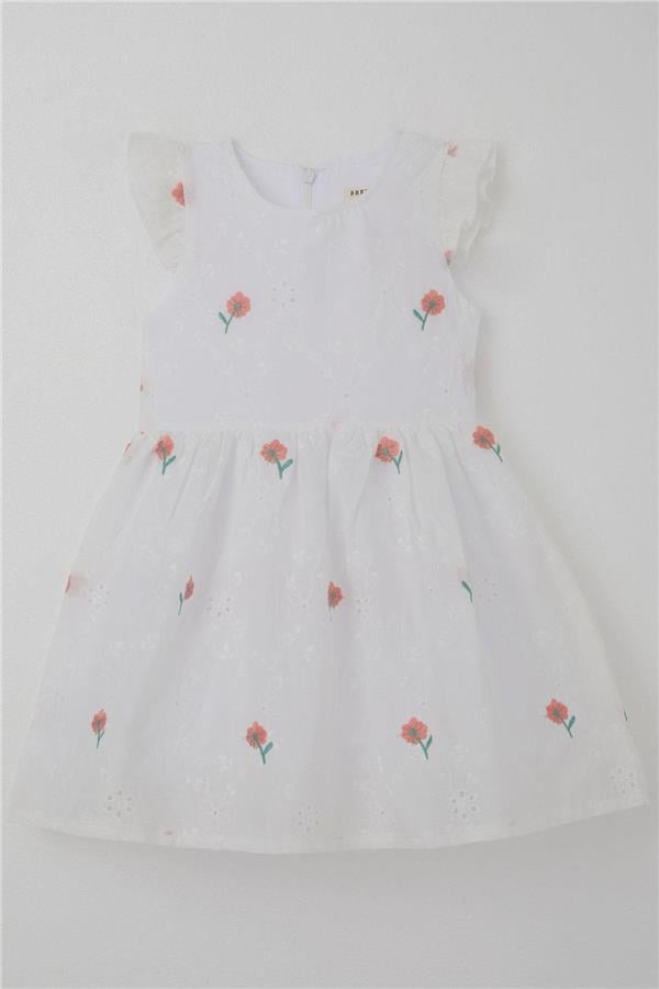 Girl's Dress with Flower Embroidery and Lace Detail, Ecru (Ages 3-7)