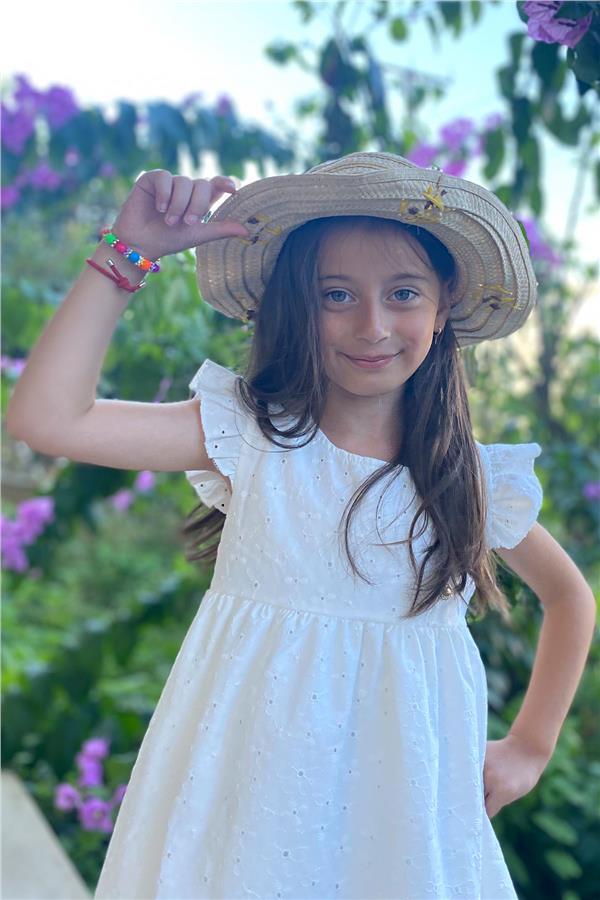 Girl's Dress with Flower Embroidery and Patch Detail, Ecru (Ages 4-9)
