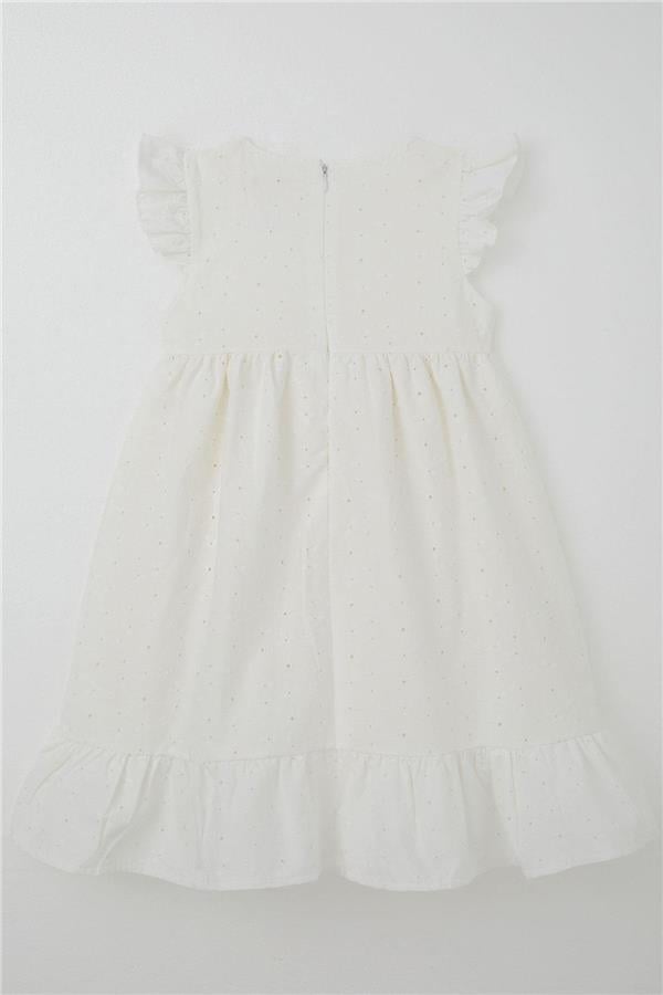 Girl's Dress with Flower Embroidery and Patch Detail, Ecru (Ages 4-9)