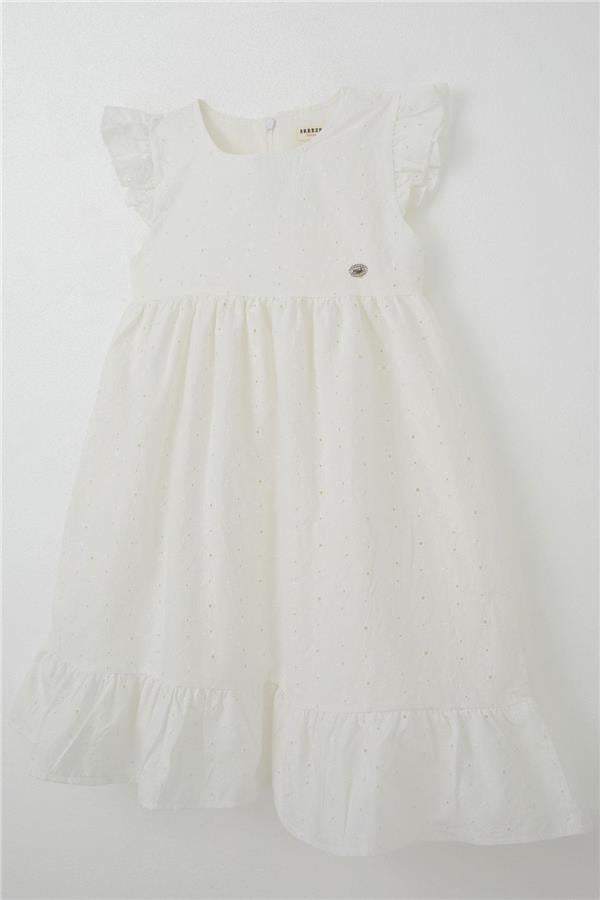 Girl's Dress with Flower Embroidery and Patch Detail, Ecru (Ages 4-9)
